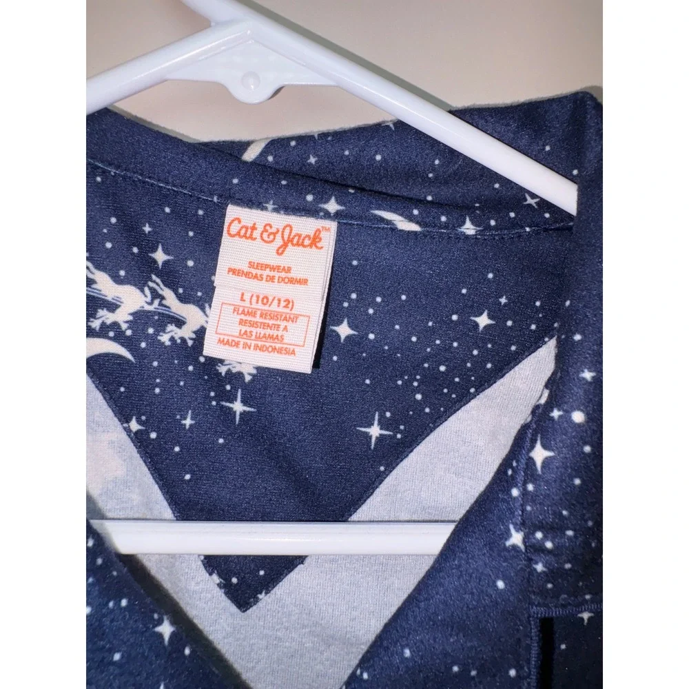 Cat & Jack Boys Navy Santa‎ Sleigh Moon Star Pajama Top Long Sleeve Size L 10/12